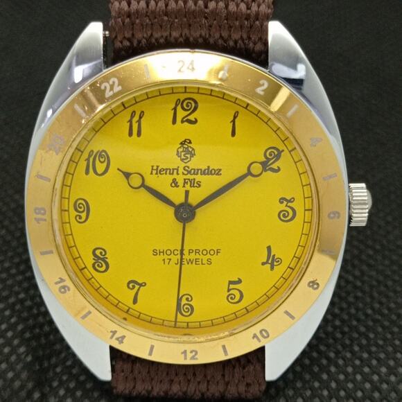 Vintage 1978 Henri Sandoz Manual Mens Silver Watch W/Cloth Strap & Yellow accent - Picture 4 of 8